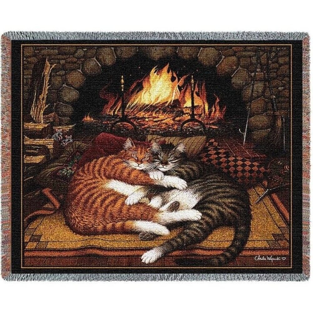 New Cat Cats Woven Cotton Afghan Gift Throw Blanket Wysocki Burned Out Fireplace